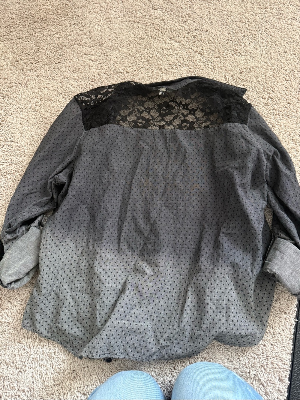 love, Fire Charcoal Dot Button-Down with Black Lace Yoke